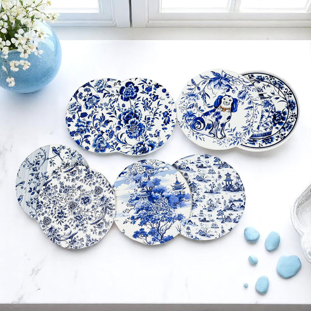 Blue white Chinoiserie ceramic coasters set of 8 styles ginger jar blue willow Staffordshire dog pattern cork backing luxury
luxury collector ceramic coasters Chinoiserie blue white porcelain ginger jar blue willow Staffordshire dog cork backing